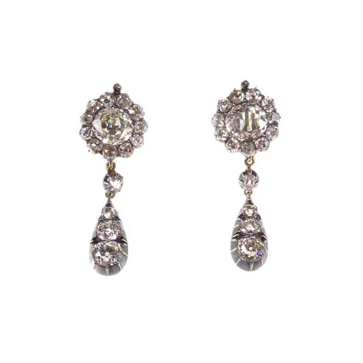 Pair of 19th century diamond cluster pendant earrings, detachable